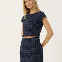 AFENDS DARCY SEERSUCKER TOP - THEA MIDNIGHT CHECK