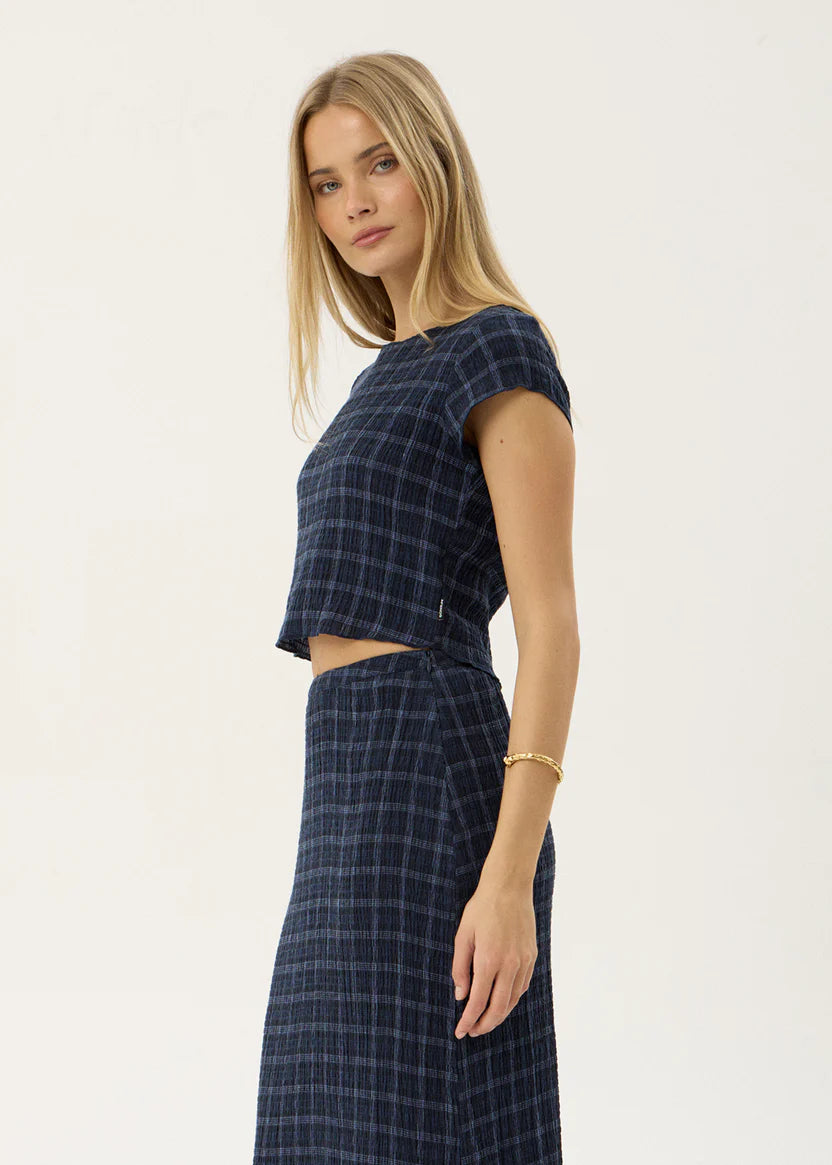 AFENDS DARCY SEERSUCKER TOP - THEA MIDNIGHT CHECK