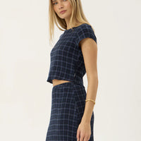 AFENDS DARCY SEERSUCKER TOP - THEA MIDNIGHT CHECK