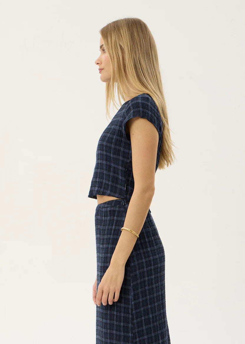 AFENDS DARCY SEERSUCKER TOP - THEA MIDNIGHT CHECK