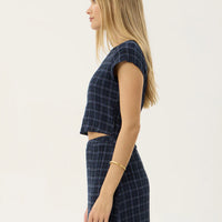AFENDS DARCY SEERSUCKER TOP - THEA MIDNIGHT CHECK