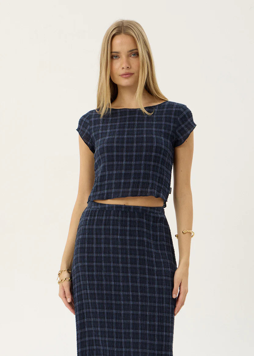 AFENDS DARCY SEERSUCKER TOP - THEA MIDNIGHT CHECK