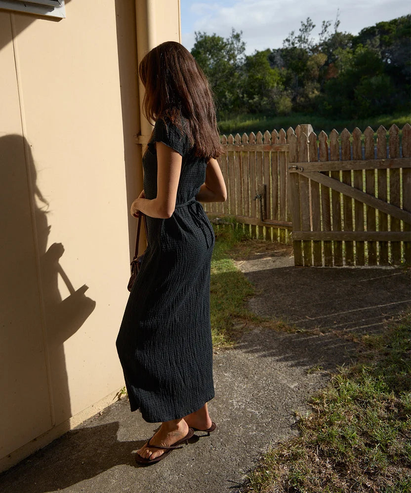 AFENDS ELODIE SEERSUCKER MIDI DRESS - BLACK