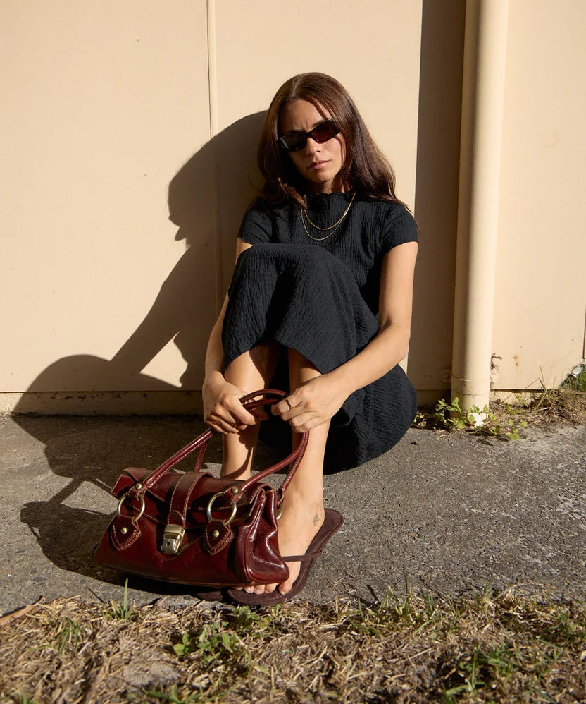 AFENDS ELODIE SEERSUCKER MIDI DRESS - BLACK
