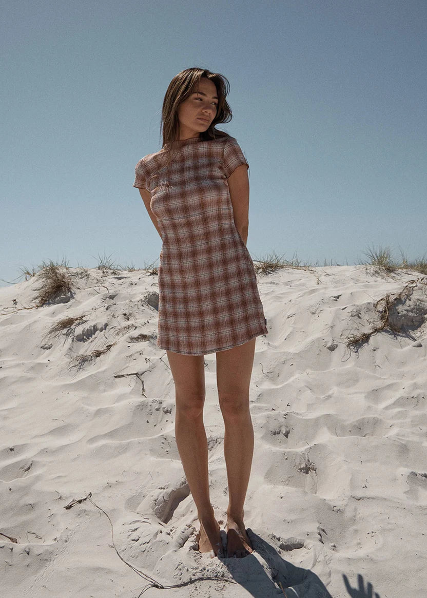 AFENDS ELODIE SEERSUCKER MINI DRESS - DESERT CHECK