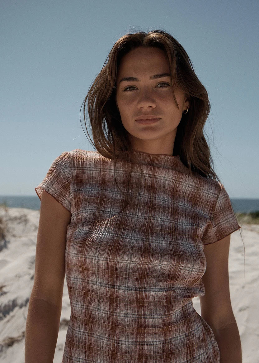 AFENDS ELODIE SEERSUCKER MINI DRESS - DESERT CHECK