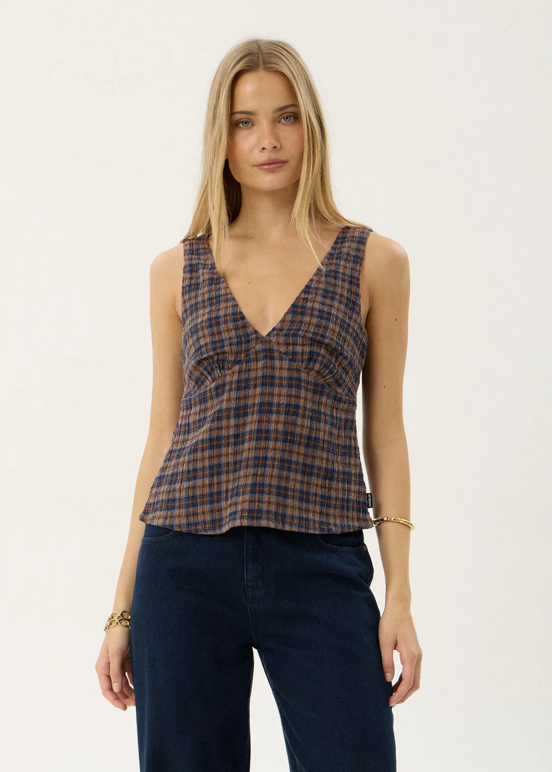 AFENDS GISELLE SEERSUCKER TOP - SHEV INDIGO CHECK