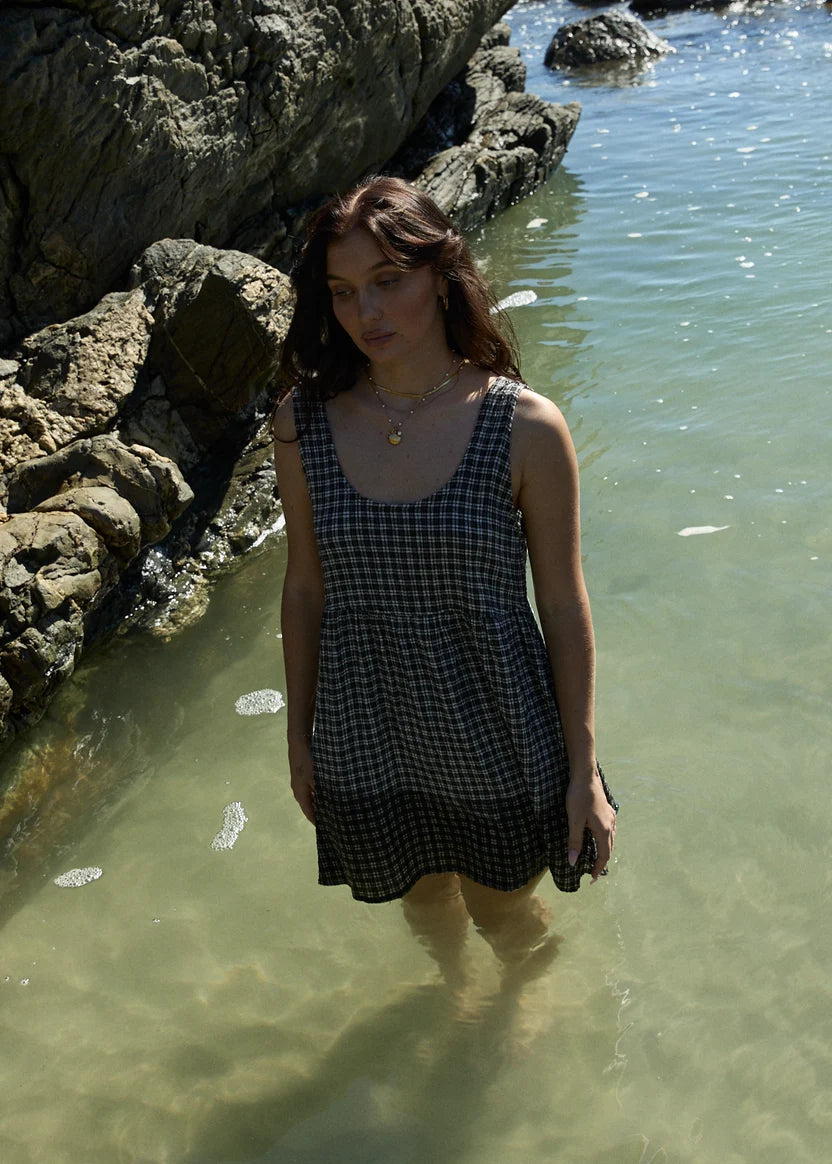 AFENDS JESSE  SEERSUCKER MINI DRESS - STEEL CHECK