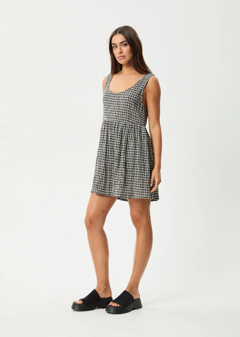 AFENDS JESSE  SEERSUCKER MINI DRESS - STEEL CHECK