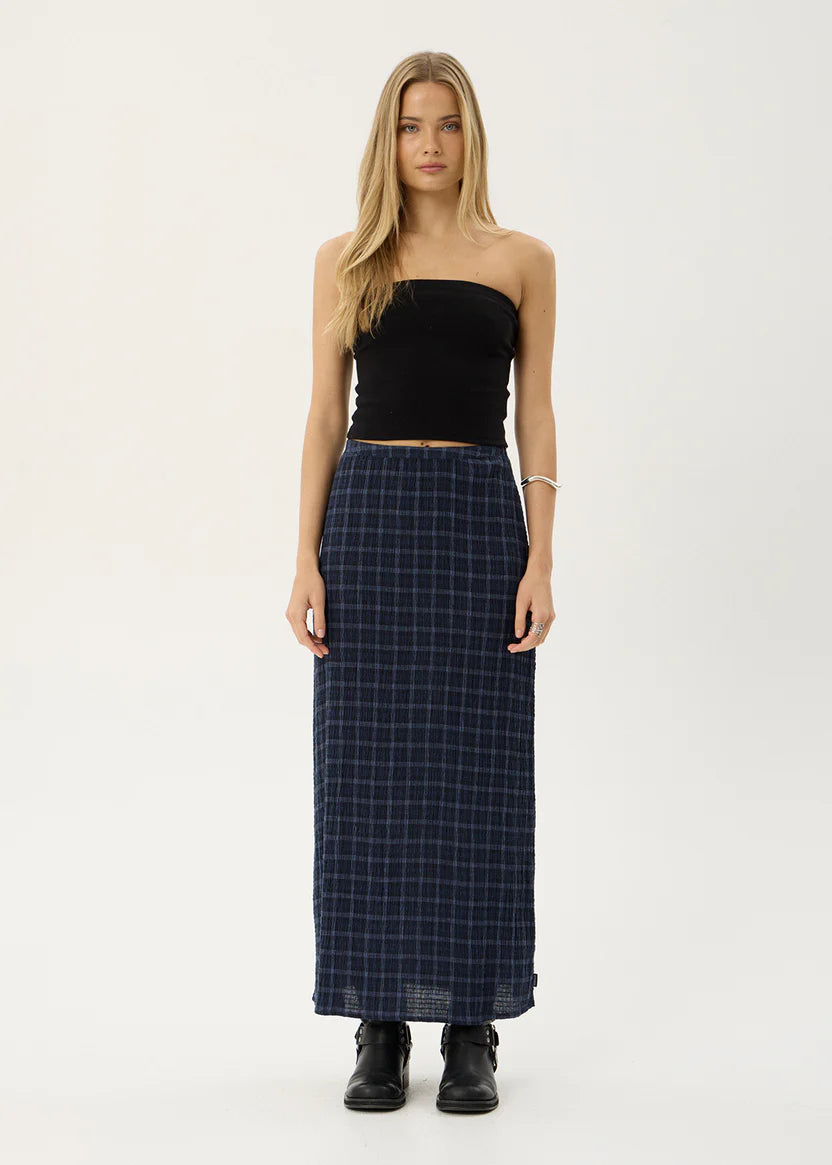AFENDS LITA SEERSUCKER MAXI SKIRT - THEA MIDNIGHT CHECK