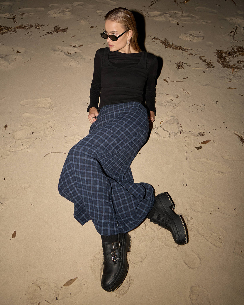 AFENDS LITA SEERSUCKER MAXI SKIRT - THEA MIDNIGHT CHECK