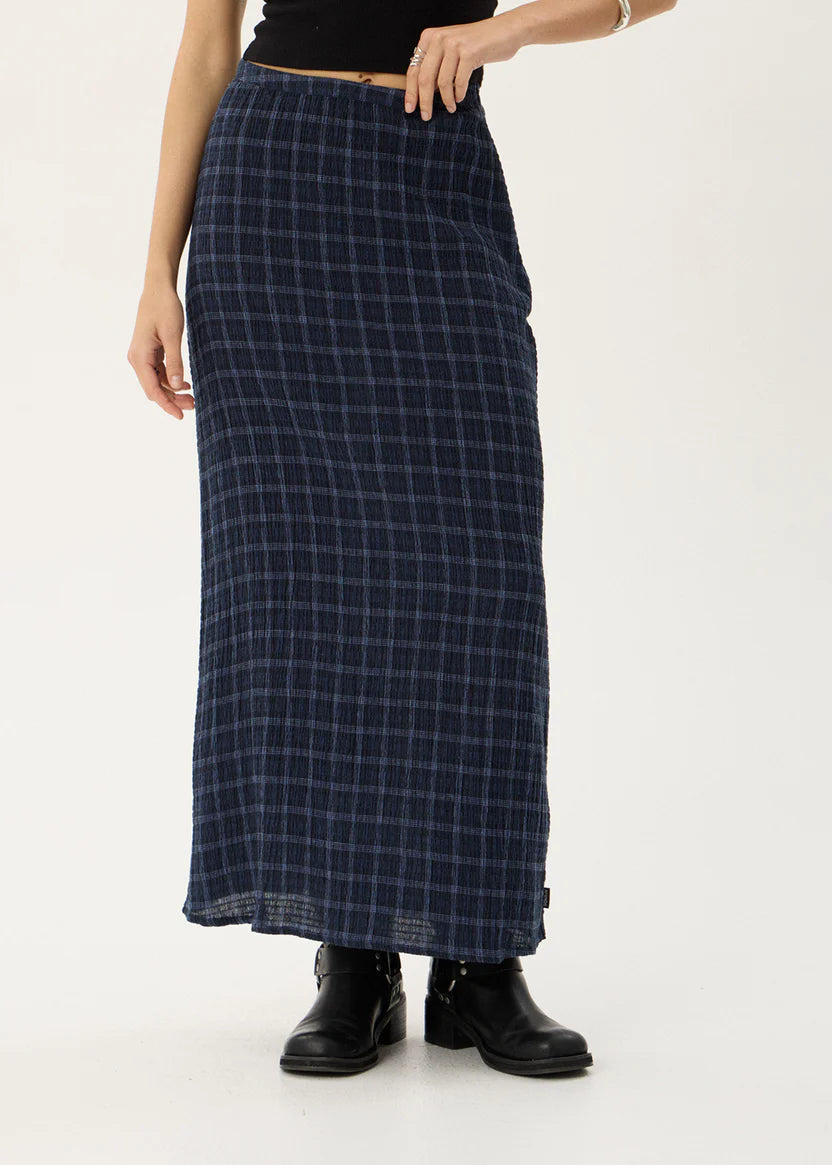 AFENDS LITA SEERSUCKER MAXI SKIRT - THEA MIDNIGHT CHECK