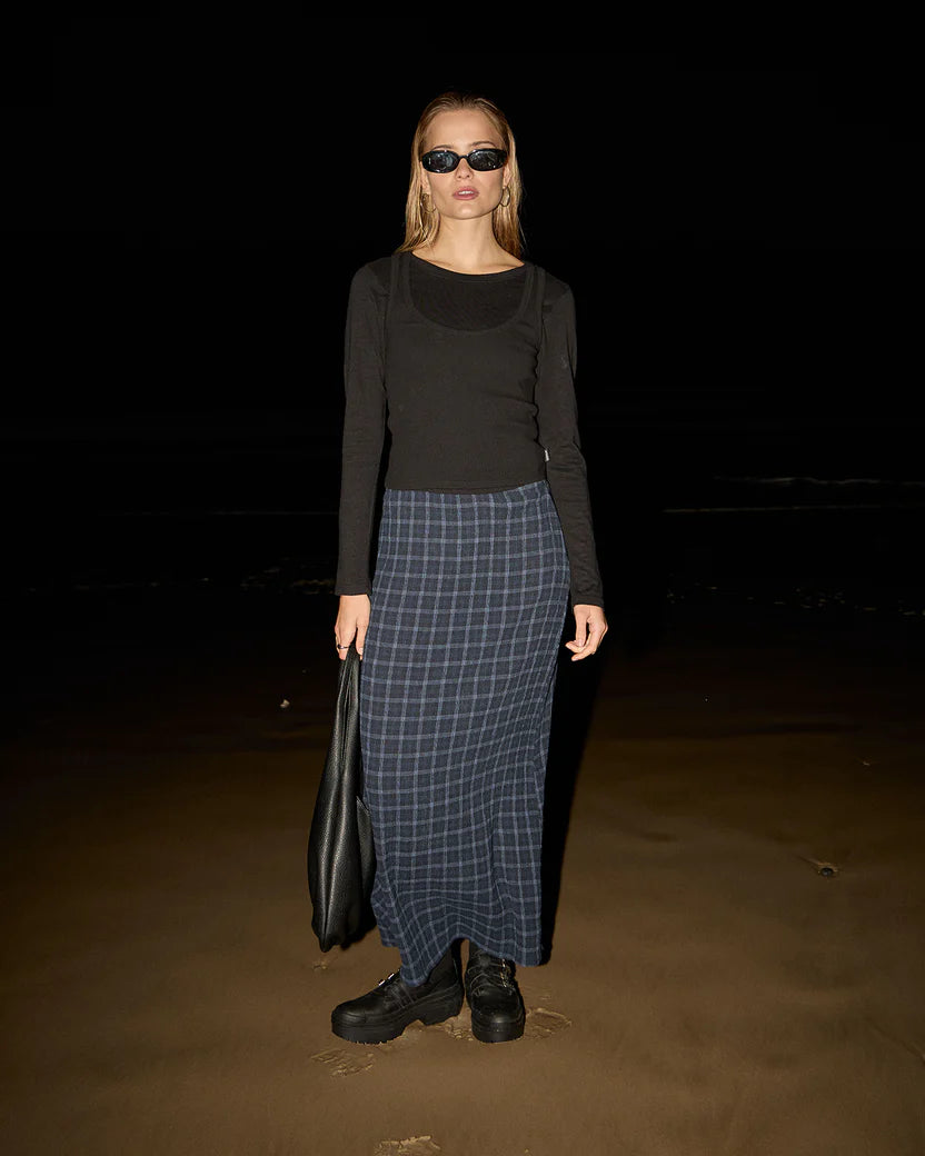 AFENDS LITA SEERSUCKER MAXI SKIRT - THEA MIDNIGHT CHECK