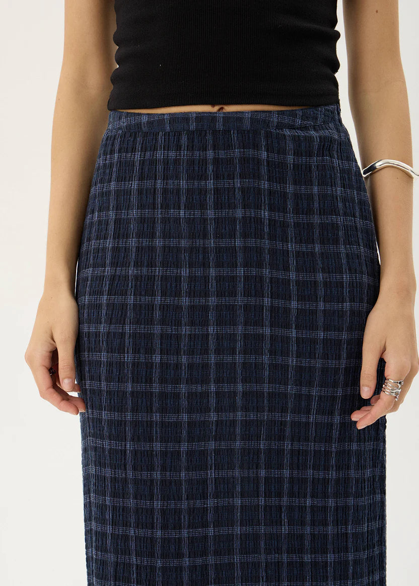 AFENDS LITA SEERSUCKER MAXI SKIRT - THEA MIDNIGHT CHECK
