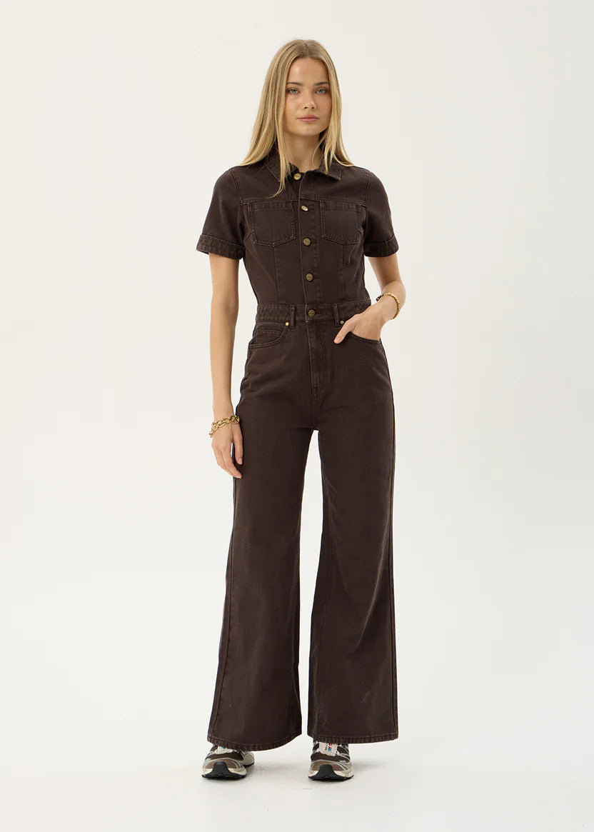 AFENDS MIAMI DENIM FLARED LEG JUMPSUIT - WASHED COFFEE