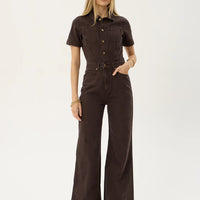 AFENDS MIAMI DENIM FLARED LEG JUMPSUIT - WASHED COFFEE