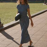 AFENDS MOUNTAIN HEMP SEERSUCKER MIDI DRESS - NAVY RED CHECK