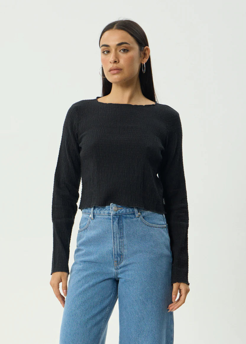 AFENDS FOCUS SEERSUCKER LONG SLEEVE TOP - BLACK