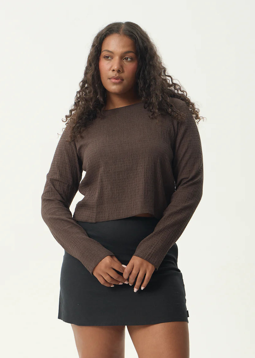 AFENDS FOCUS SEERSUCKER LONG SLEEVE TOP - COFFEE