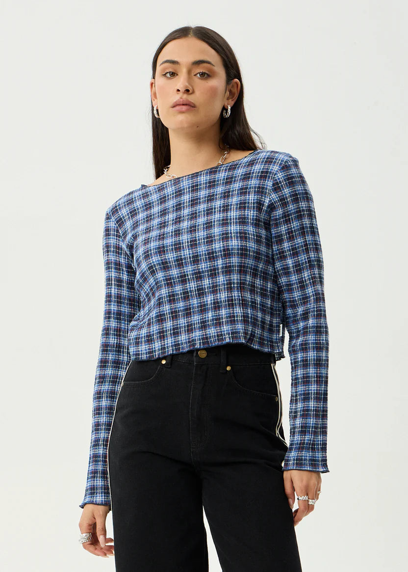 AFENDS MOUNTAINS HEMP SEERSUCKER LONG SLEEVE TOP - NAVY RED CHECK