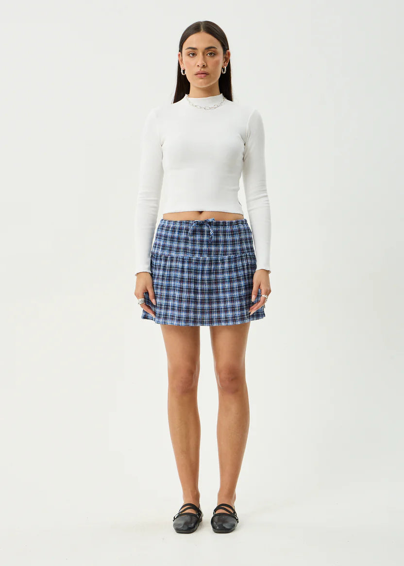 AFENDS MOUNTAINS HEMP SEERSUCKER MINI SKIRT - NAVY RED CHECK