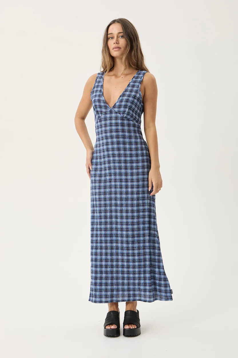 AFENDS MOUNTAIN TULLY HEMP SEERSUCKER MAXI DRESS - NAVY RED CHECK