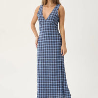 AFENDS MOUNTAIN TULLY HEMP SEERSUCKER MAXI DRESS - NAVY RED CHECK