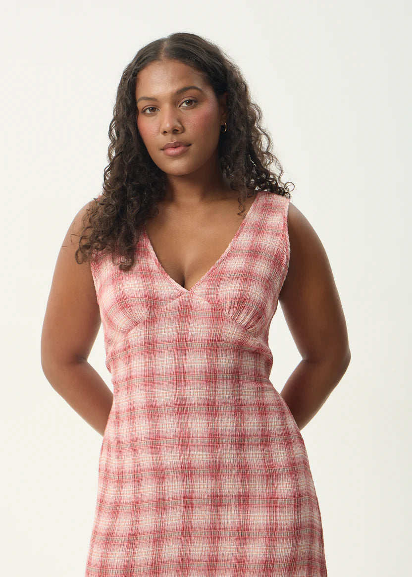 AFENDS POSITION TULLY SEERSUCKER MAXI DRESS - RED CHECK