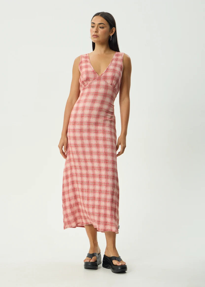 AFENDS POSITION TULLY SEERSUCKER MAXI DRESS - RED CHECK