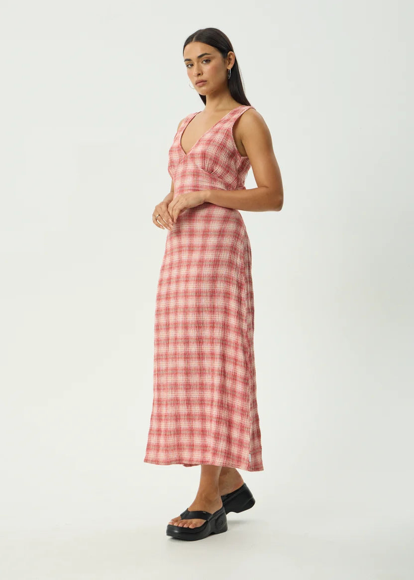 AFENDS POSITION TULLY SEERSUCKER MAXI DRESS - RED CHECK