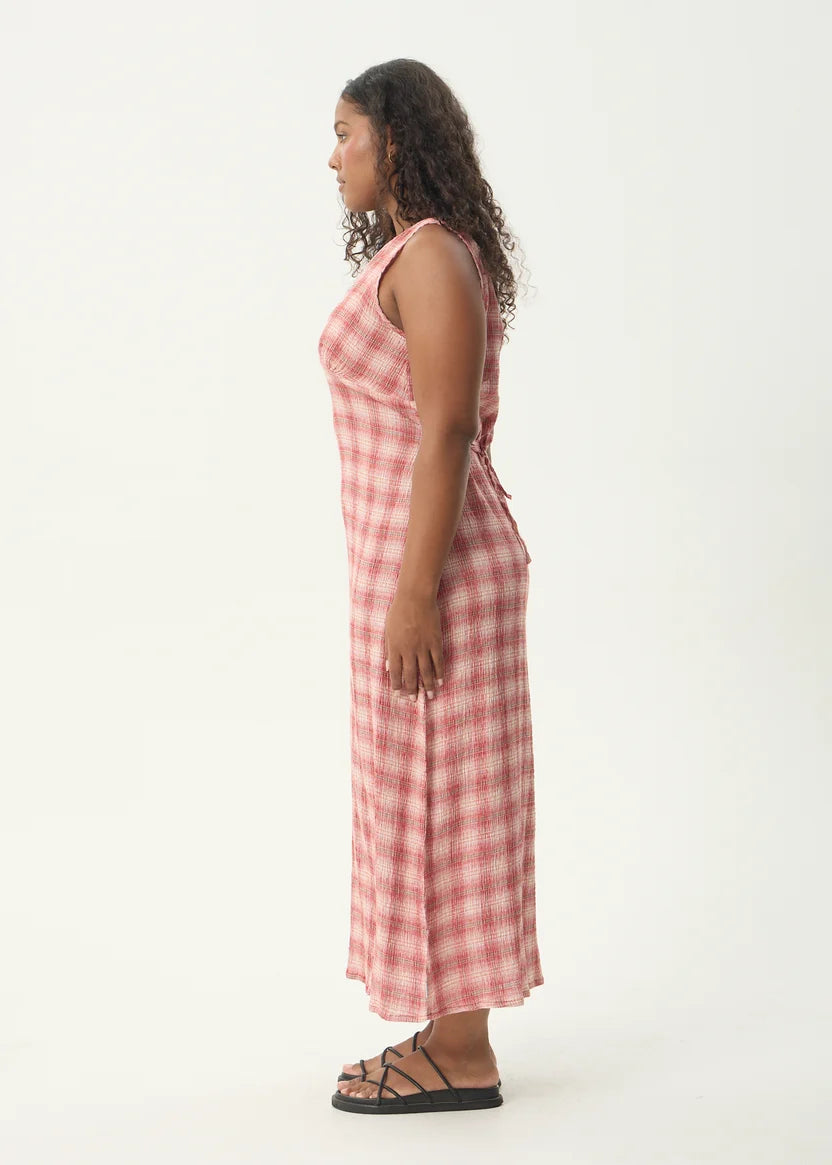 AFENDS POSITION TULLY SEERSUCKER MAXI DRESS - RED CHECK