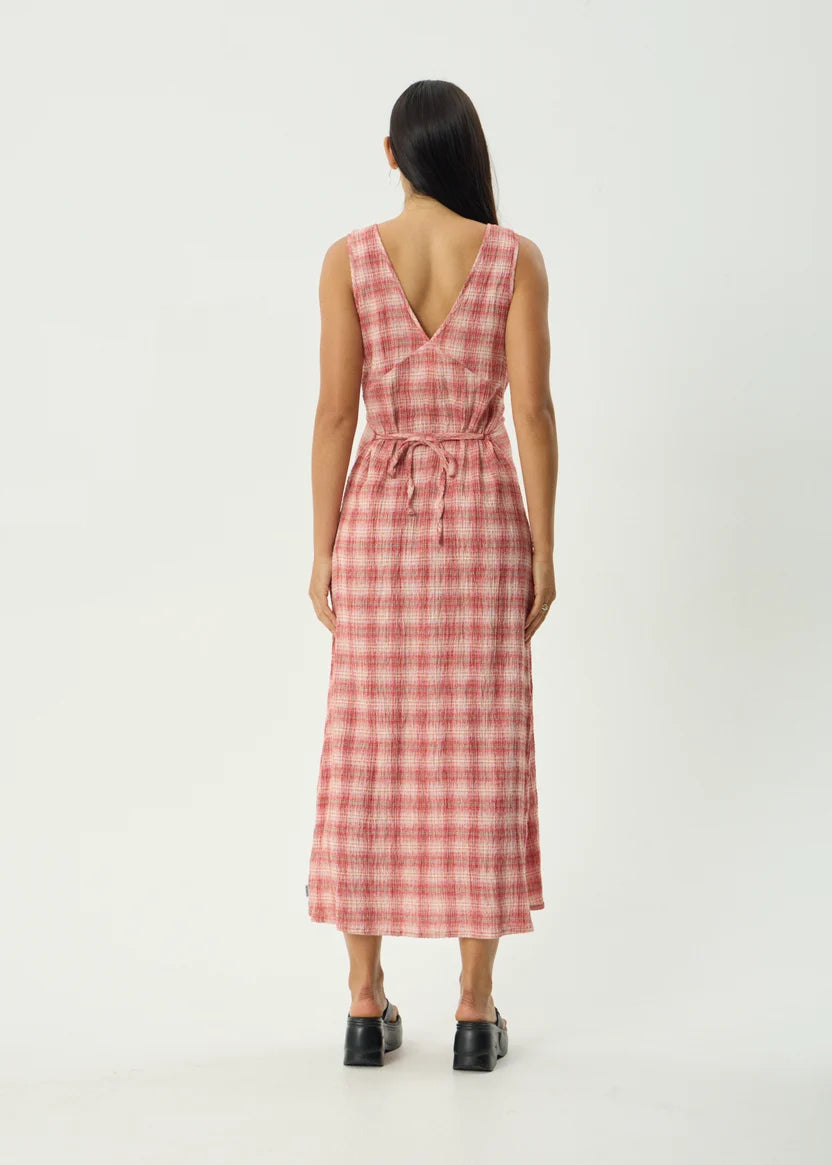 AFENDS POSITION TULLY SEERSUCKER MAXI DRESS - RED CHECK