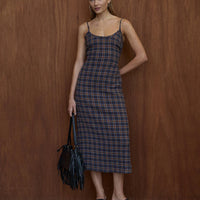 AFENDS RUMI SEERSUCKER MIDI DRESS - SHEV INDIGO CHECK