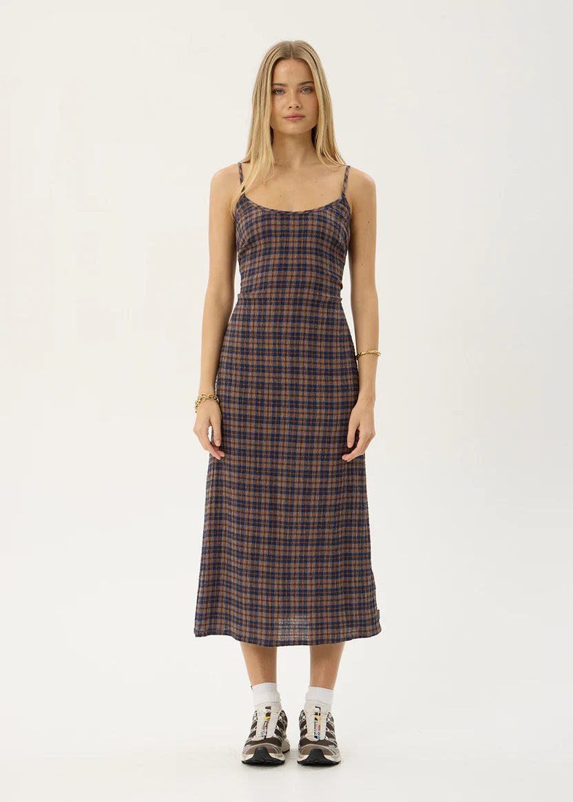 AFENDS RUMI SEERSUCKER MIDI DRESS - SHEV INDIGO CHECK
