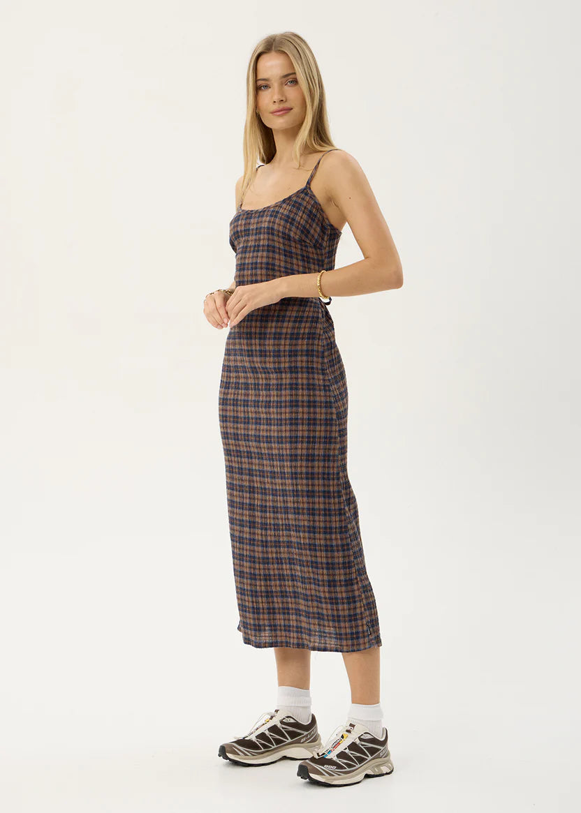 AFENDS RUMI SEERSUCKER MIDI DRESS - SHEV INDIGO CHECK
