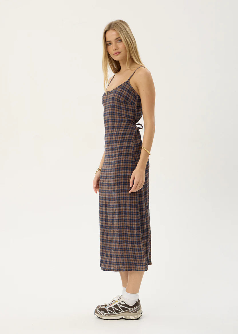 AFENDS RUMI SEERSUCKER MIDI DRESS - SHEV INDIGO CHECK