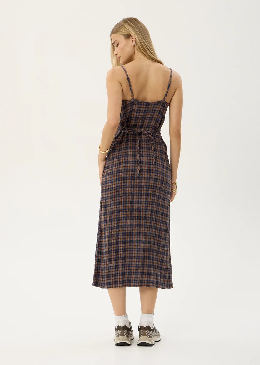 AFENDS RUMI SEERSUCKER MIDI DRESS - SHEV INDIGO CHECK