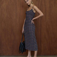 AFENDS RUMI SEERSUCKER MIDI DRESS - SHEV INDIGO CHECK