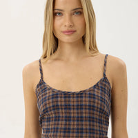 AFENDS RUMI SEERSUCKER MIDI DRESS - SHEV INDIGO CHECK