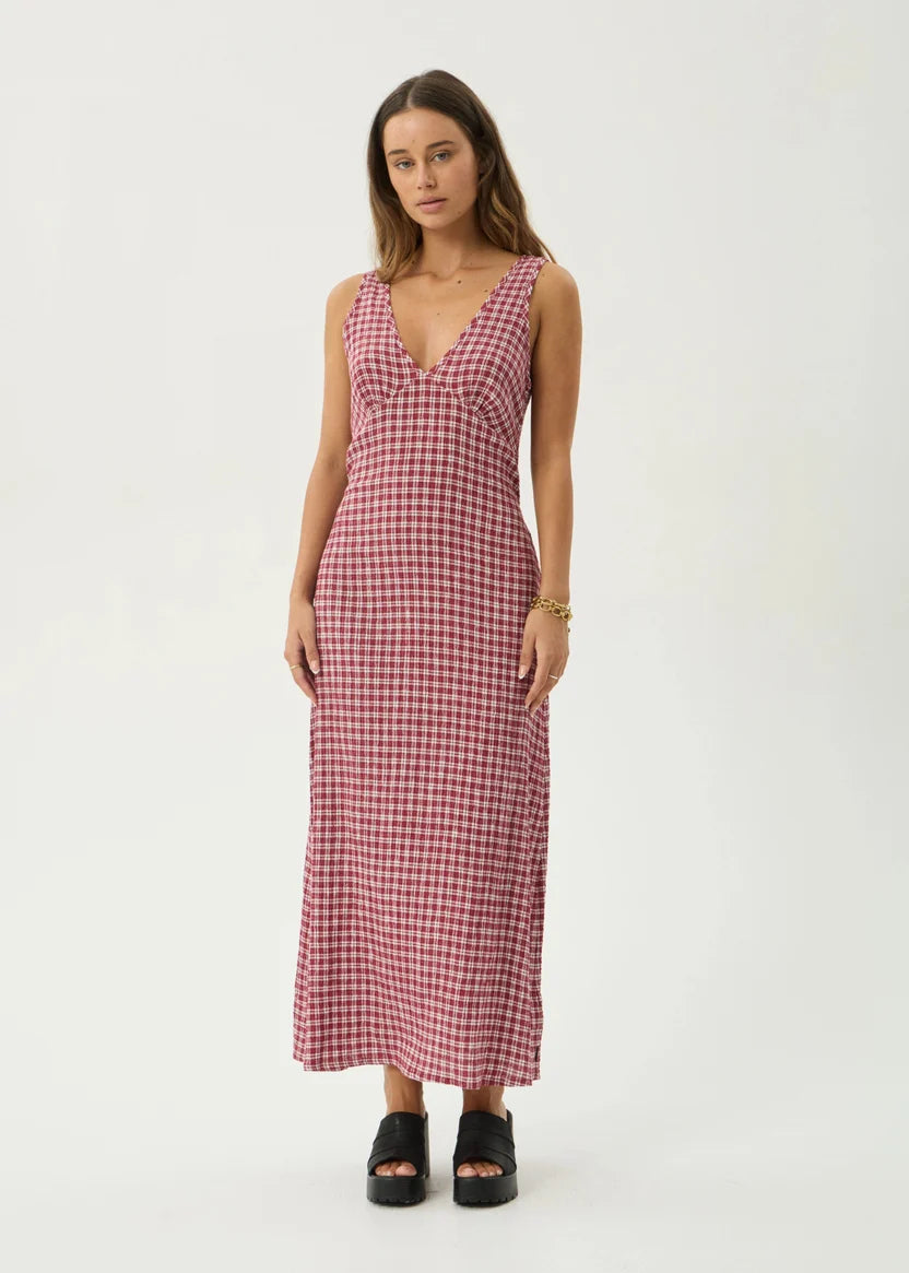AFENDS TULLY SEERSUCKER MAXI DRESS - BASE BURGUNDY CHECK