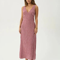 AFENDS TULLY SEERSUCKER MAXI DRESS - BASE BURGUNDY CHECK