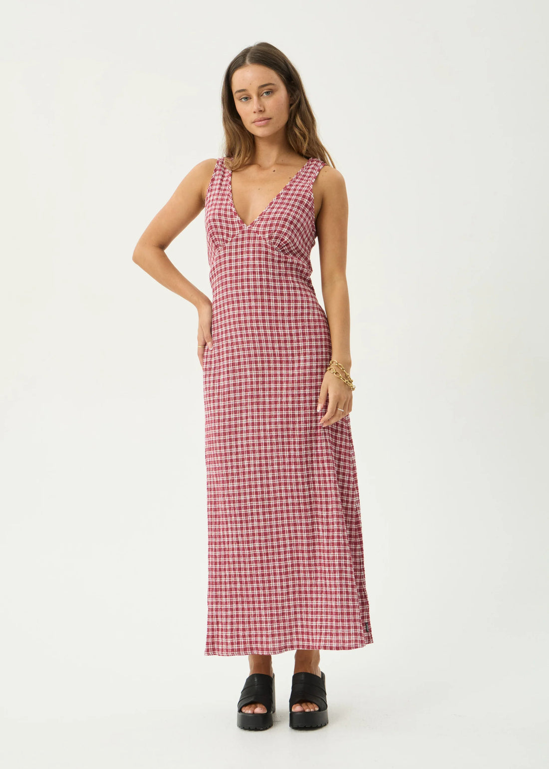 AFENDS TULLY SEERSUCKER MAXI DRESS - BASE BURGUNDY CHECK