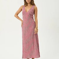 AFENDS TULLY SEERSUCKER MAXI DRESS - BASE BURGUNDY CHECK