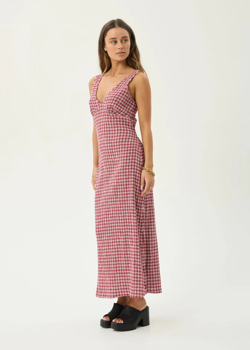 AFENDS TULLY SEERSUCKER MAXI DRESS - BASE BURGUNDY CHECK