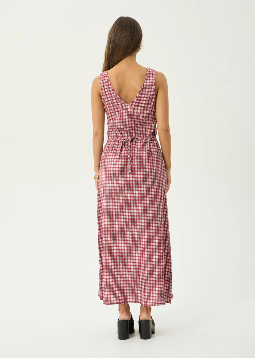 AFENDS TULLY SEERSUCKER MAXI DRESS - BASE BURGUNDY CHECK