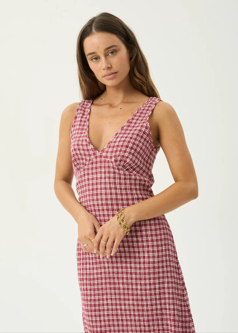 AFENDS TULLY SEERSUCKER MAXI DRESS - BASE BURGUNDY CHECK