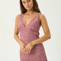 AFENDS TULLY SEERSUCKER MAXI DRESS - BASE BURGUNDY CHECK