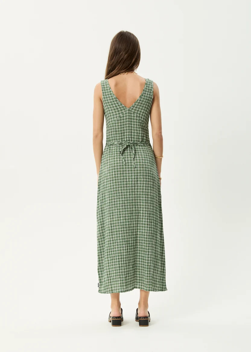 AFENDS TULLY SEERSUCKER MAXI DRESS - BASE DEEP GREEN CHECK