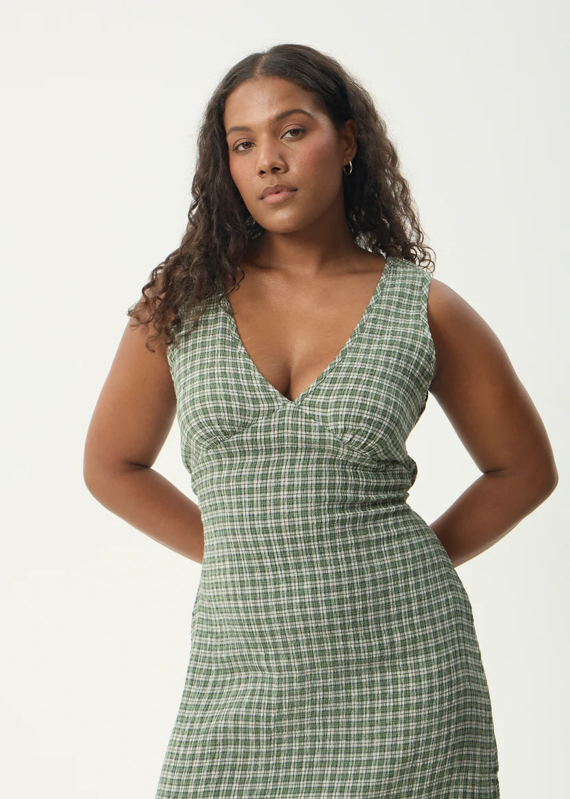 AFENDS TULLY SEERSUCKER MAXI DRESS - BASE DEEP GREEN CHECK