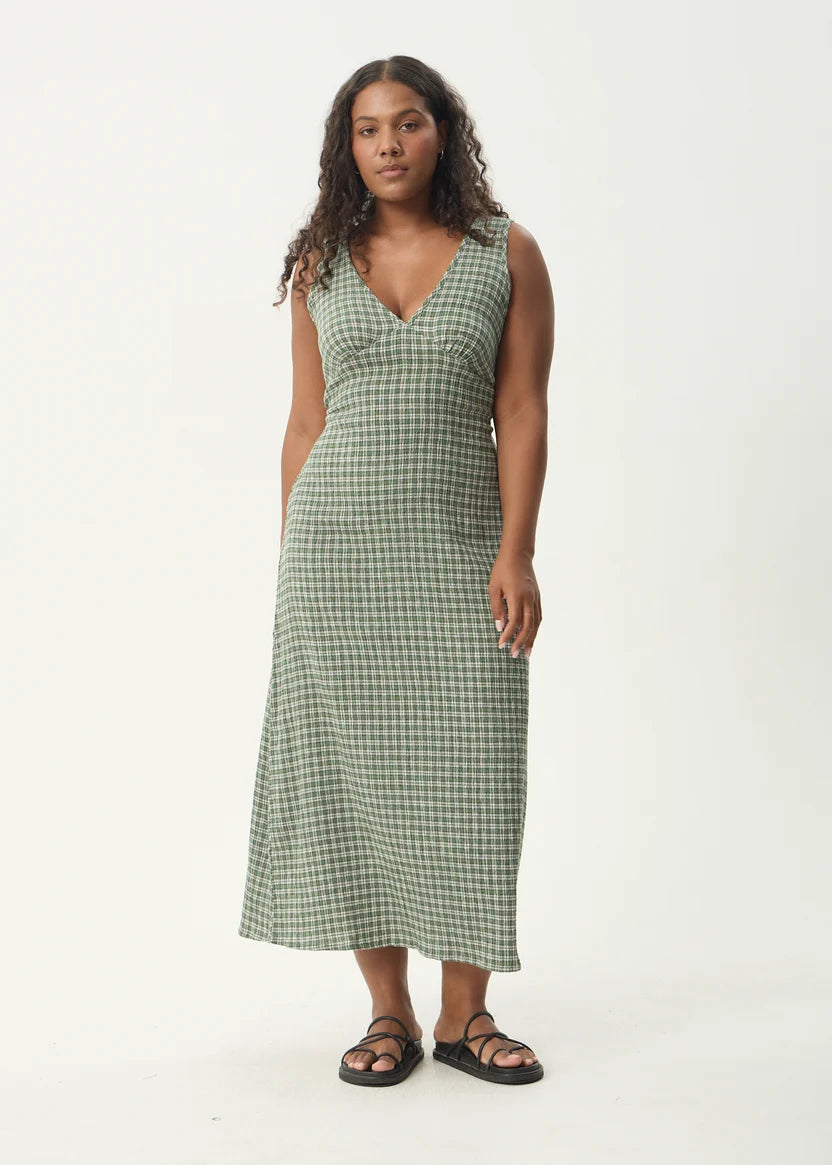 AFENDS TULLY SEERSUCKER MAXI DRESS - BASE DEEP GREEN CHECK